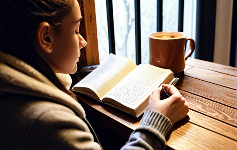** A person writing in a journal in a cozy, well-lit room. Bookshelves are in the background, and a cup of coffee sits nearby. The atmosphere is calm and reflective. Keywords: self-reflection, journaling, personal growth, cozy, learning.
**
